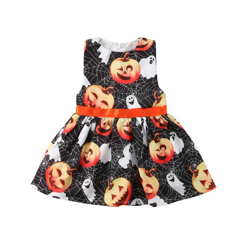 Хеллоуин костюм летняя детская Детское платье для маленьких девочек Тыква печати без рукавов на молнии праздничное платье призрак платья