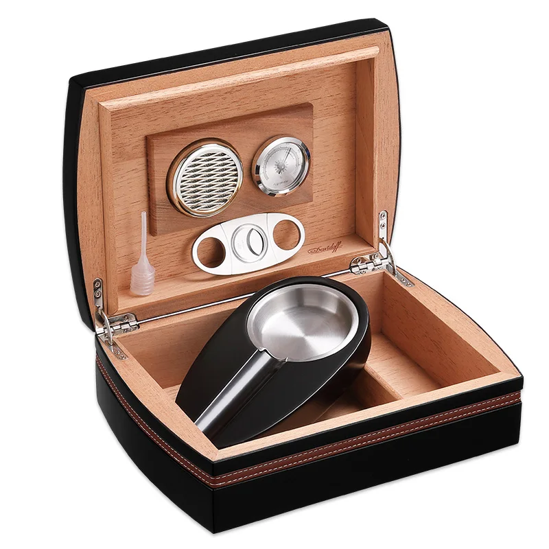 

High Quality Glossy Black Cedar Wood Cigar Humidor Big Size Storage Box with Humidifier Hygrometer Cutter ashtray