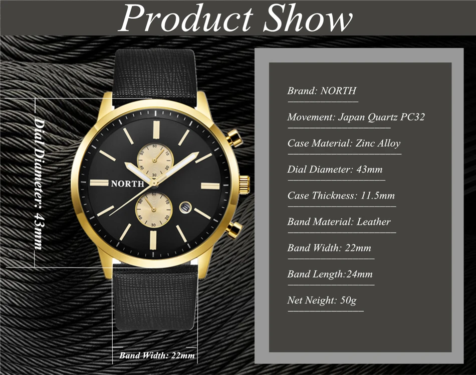 NORTH Mens Watches Top Brand Luxury Quartz Gold Watch
