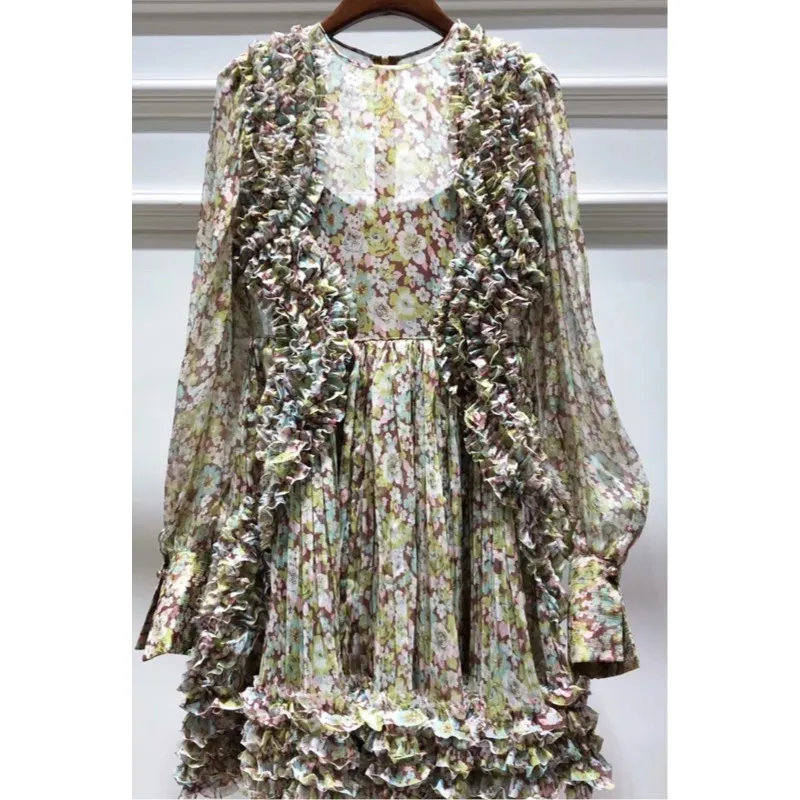 

EXCOSMIC Women's Summer Sexy O-neck Bohemian Floral Dress Silk Beach Ruffle Printed Mini Dress Lined silk Embroidery Elegant Ete