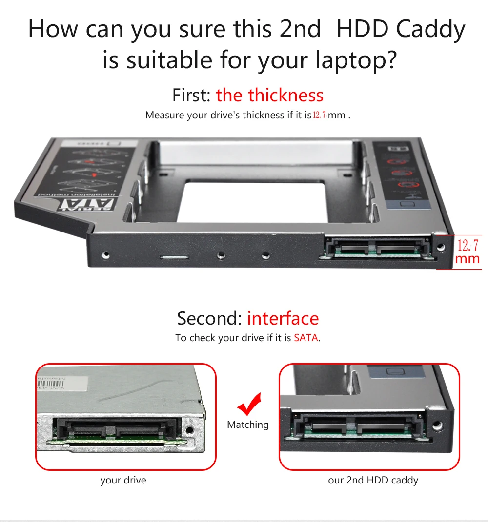 Sunvalley 12,7 мм Универсальный 2nd HDD Caddy 2," чехол для SSD, HDD SATA 3,0 для ноутбука