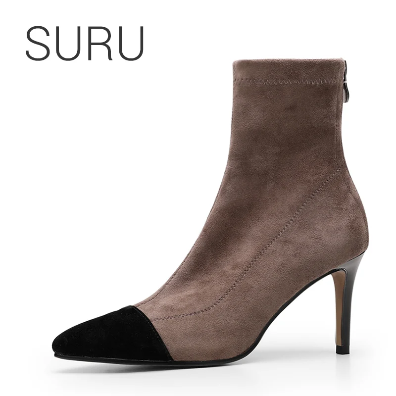 

SURU Mixed Color Pointed Toe Suede Elasticity Sock Boots Women Back Zip High Heels Ankle Boots