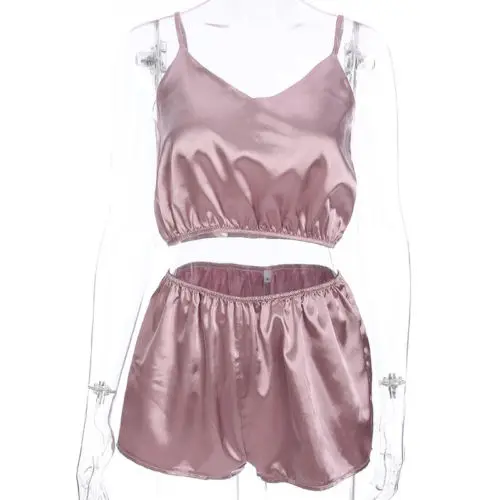 Women Spaghetti Straps Shirt Tops Pajamas Shorts Satin