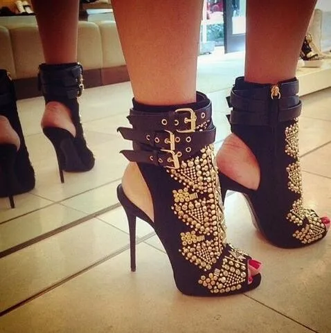 

2017 Spring Summer Newest Women High Heel Shoes Sexy Peep Toe Rivets Studded Buckle Strap Ankle Boots Thin Heels Gladiator Boot