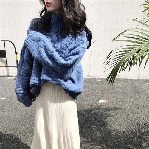 

Loose High Collar Long Sleeve Sweet Pink And Blue Female Warm Winter Lady Sweater
