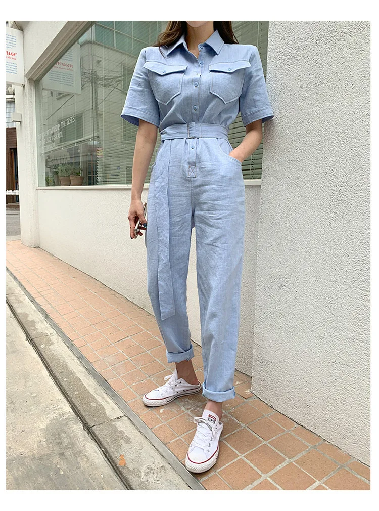 Foamlina Женский Длинный комбинезон 2019 новый летний отложной воротник с коротким рукавом с поясом повседневные женские длинные Комбинезоны