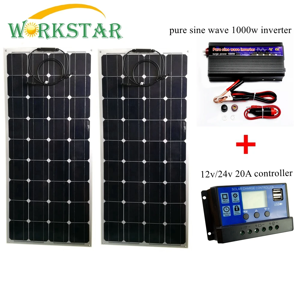 WORKSTAR 2*100W Flexible Solar Panels with 20A Controller and 1000W