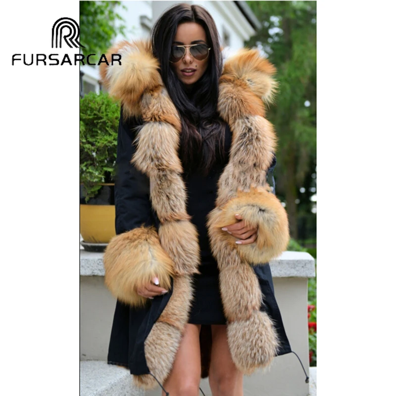 FURSARCAR New Winter Parka Luxury Women Natural Fur Jacket With Real Fox Fur Collar& Cuff Female Fashion Long Parkas Coat