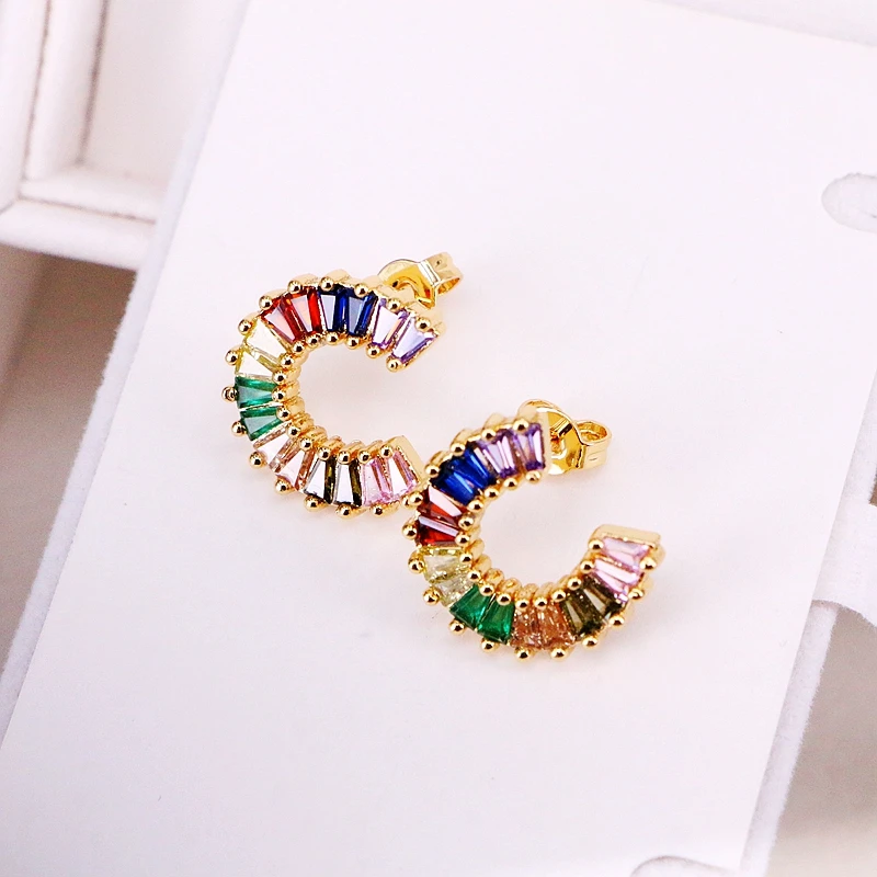 

3Pairs, Gold Filled Crystal Zirconia New Colorful Micro Pave CZ U Stud Earring