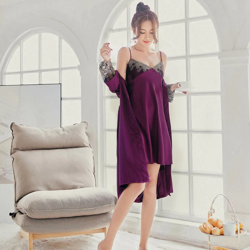 

Sexy Female Robe & Gown Set Night Dress Bathrobe Women Sleepwear Deep V-neck Nighties Lace Silk Nightwear Pyjama Purple Lingerie
