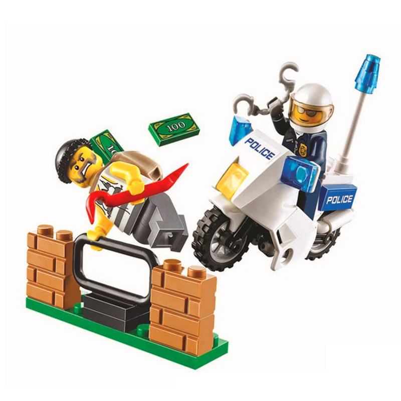 

BELA 10416 Police Crook Pursuit Motorcycle Building Blocks Brick Compatible LegoIN Technic 60041 Playmobil Toys For Children