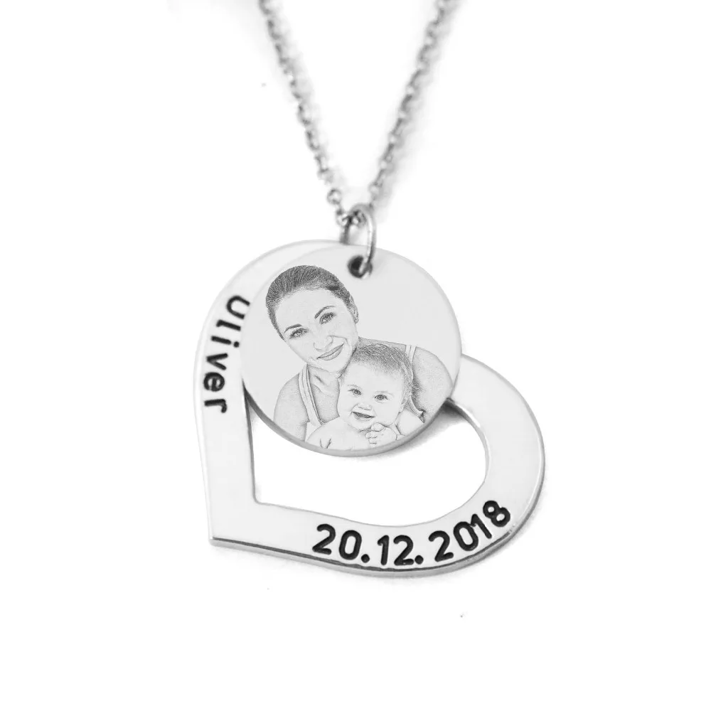 Заказное ожерелье с фото, персонализированное выгравированное фото имя ожерелье, сердце кулон цепь ожерелье ювелирные изделия для женщин