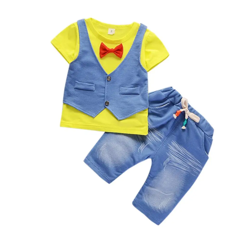 Kidlove для маленьких мальчиков круглый шейный галстук-бабочка жилет футболка+ Джинсовые шорты костюм из 2 предметов