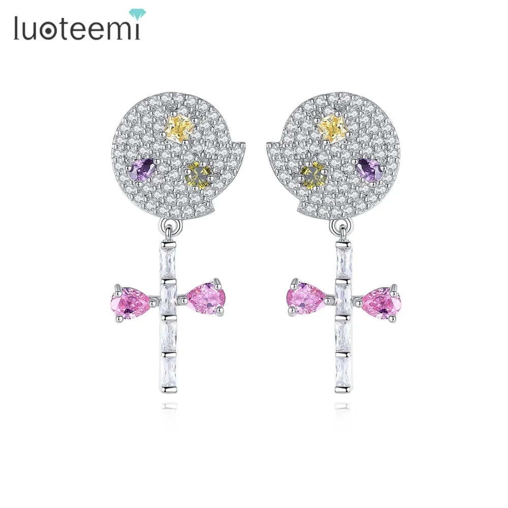 

LUOTEEMI Delicate Jewelry Micro Paved CZ Multicolor Stud Earrings Silver Color Brincos for Women Fashion Lovely Birthday Gift