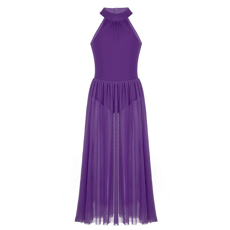 Purple Детское трико без рукавов с Т-образным вырезом для девочек, боди с сеткой, юбка макси для праздника, лирические танцевальные платья - Цвет: Purple