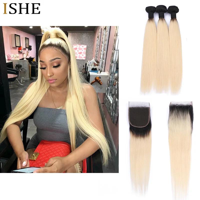 

ISHE 1B613 Blonde Human Hair Straight Brazilian Hair Weave Bundles with Closure Remy Hair Deals Bundles and Closure 10-28 Inch