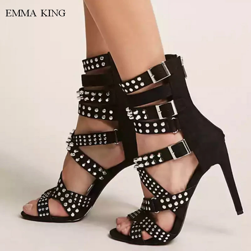 EMMA KING Sandalias Mujer; коллекция года; Летние сандалии-гладиаторы; женские туфли с открытым носком на высоком каблуке, на молнии, с заклепками; женская обувь для вечеринок