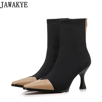 

2018 New high heels Stretch Fabric Women Botas Sock Ankle Boots patchwork square toe Shoes Woman Botines Mujer Women Pumps