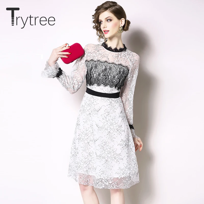 Trytree 2019 летнее осеннее платье цветочное элегантное кружевное с круглым вырезом
