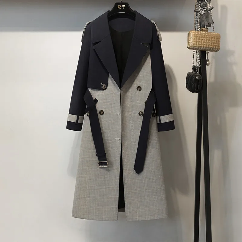 Высокое качество плед длинный Тренч пальто для женщин весна осень пальто корейский модный костюм воротник ветровка V862 - Цвет: gray