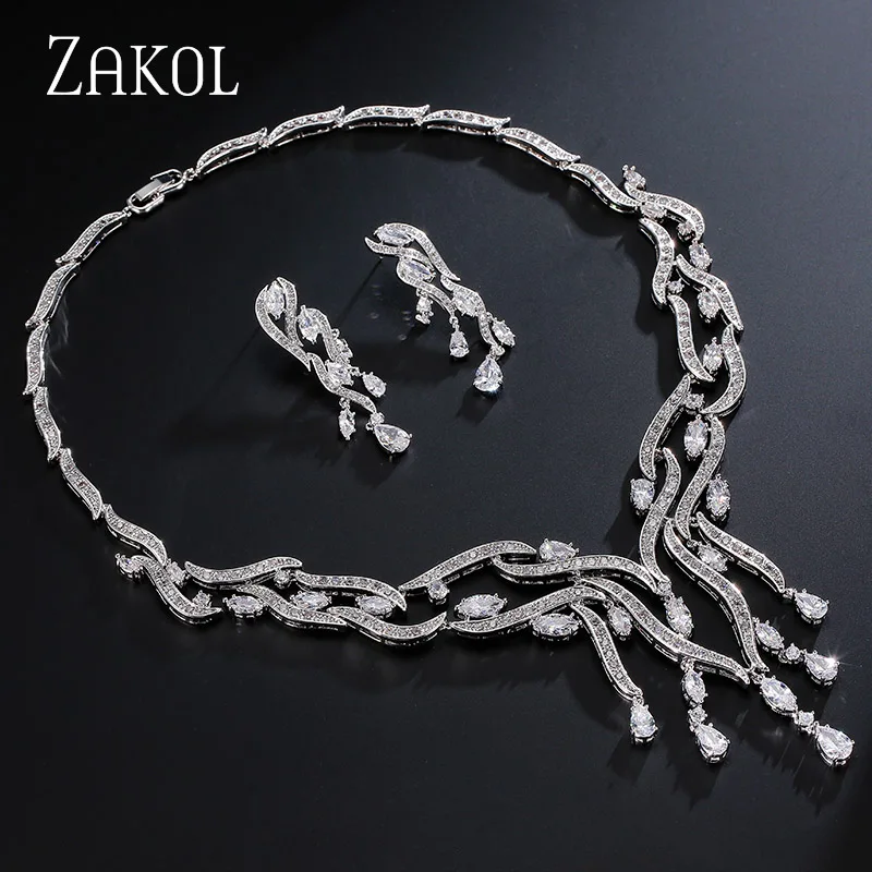 ZAKOL Luxury Classic White Gold Plated Water Drop AAA+ CZ Diamond Vintage Jewelry Sets Bridal Jewelry Sets FSSP188