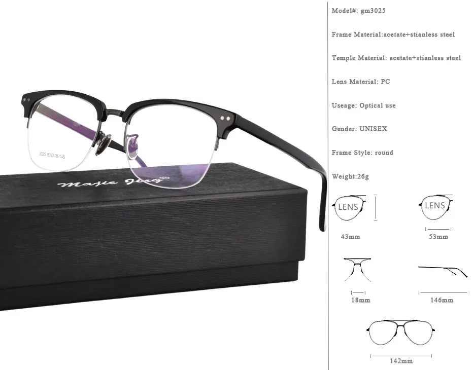 Магия Jing ацетат и нержавеющая сталь комбинации RX оптические оправы полный обод близорукость очки gm3025