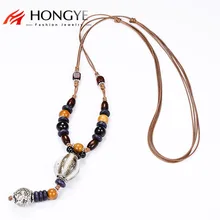HONGYE New Fashion 2017 Collares Mujer Ethnic Women s Long Ceramic Beads Wood Pendant Necklace Sweater