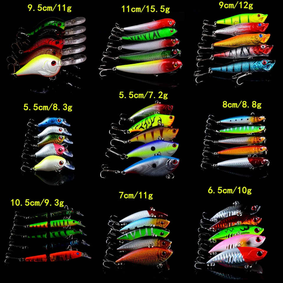 set-misto-45-pz-lotto-esche-da-pesca-9-modelli-duro-esche-45-colori-wobbler-attrezzatura-da-pesca-minnow-crank-matita-vib-popper-esche-mix