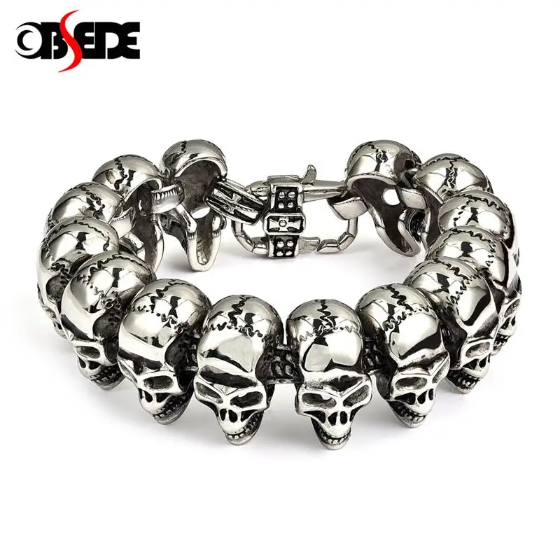 

OBSEDE Fine Jewelry For Men Personality Titanium Steel Chain Bracelet Skull Skeletons For Biker Motorcycle Motor Rock Punk Style
