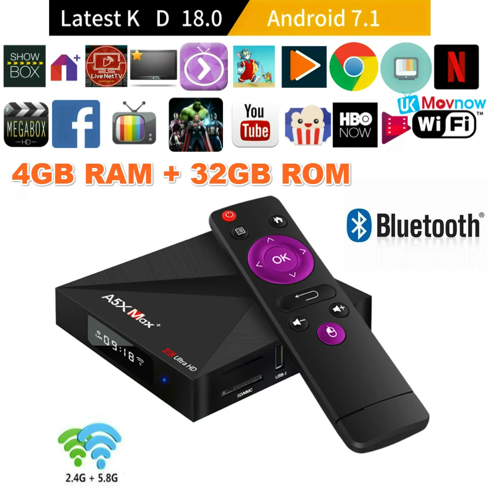 

A5X MAX+ Android TV BOX Android 7.1 4GB 32GB Rockchip RK3328 Quad core H.265 4K 2.4/5.8G WiFi Bluetooth 4.1 USB 3.0 Media Player