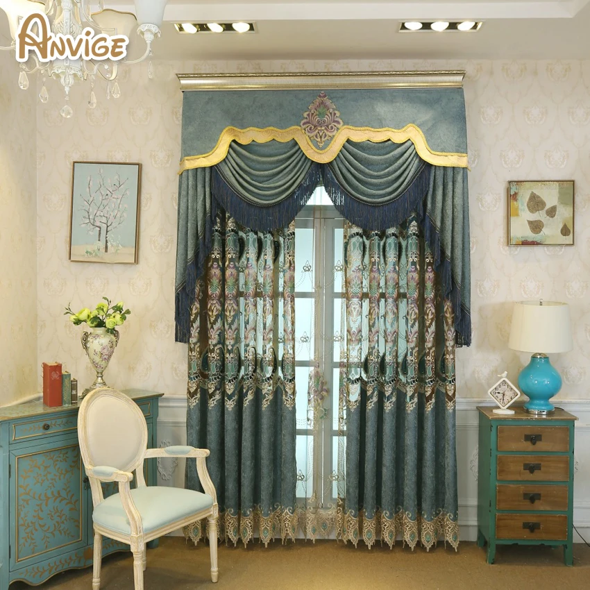 Anvige european valance luxury velvet embroidered blackout curtain for