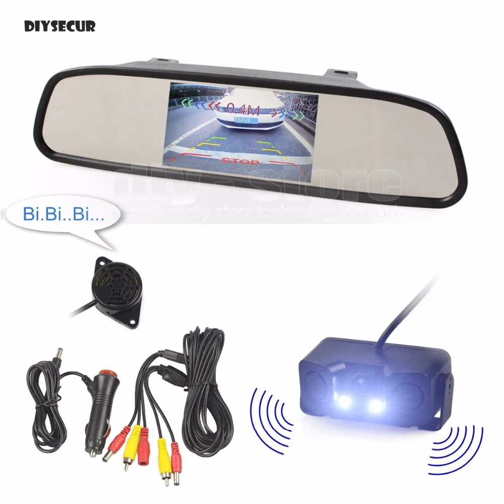 

DIYSECUR Auto Speaker Parking Monitor System Parking Radar Sensor LED Night Vision Car Camera + 4.3 inch Car Mirror Monitor