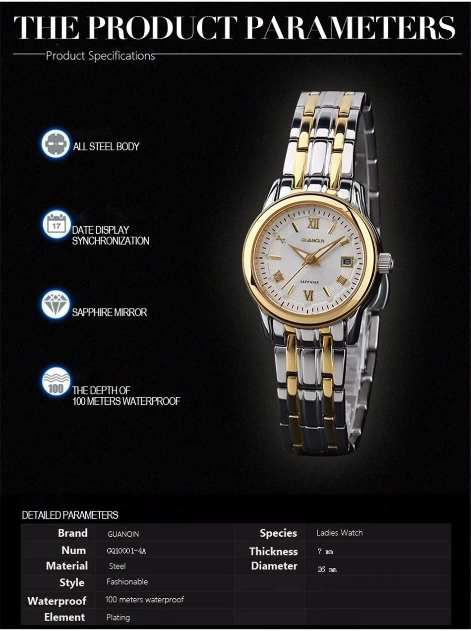 Оригинальные часы GUANQIN для девочек, часы, модная торговая марка кварцевых часов, Роскошные Водонепроницаемые кожаные женские часы Hardlex, наручные часы