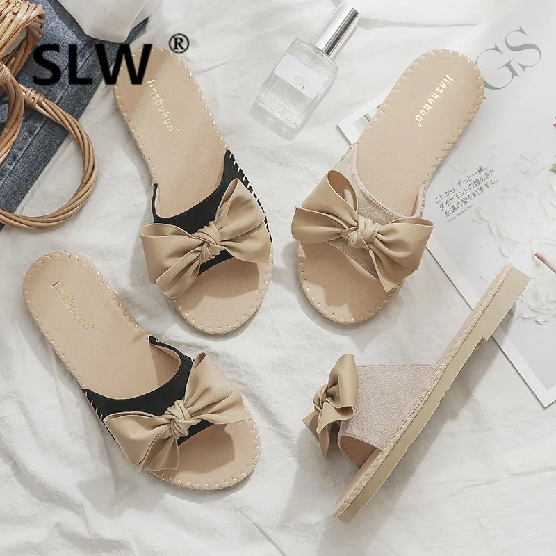 

Woman Shoes Luxury Lady Low Slides Butterfly-knot Slippers Women Summer Socofy Flock Designer Baby Sliders 2019 Soft Flat PU