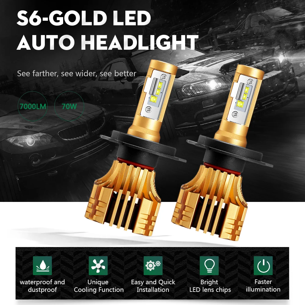 S6 partol H7 водить автомобиль Фары для авто 70 Вт 7000lm SMD чипов LED H4 H11 H1 9005 9006 H13 автомобильных фар туман Light 6500 К 12 В