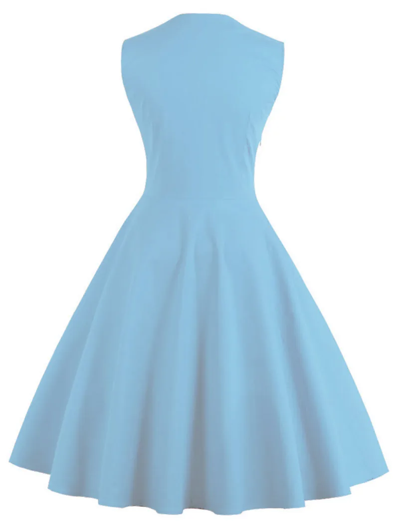 Женское платье без рукавов, 7 однотонных цветов, винтажное платье на пуговицах, с принтом в горошек, вечерние платья Vestidos размера плюс S~ 4XL 50s - Цвет: 4 Sky Blue