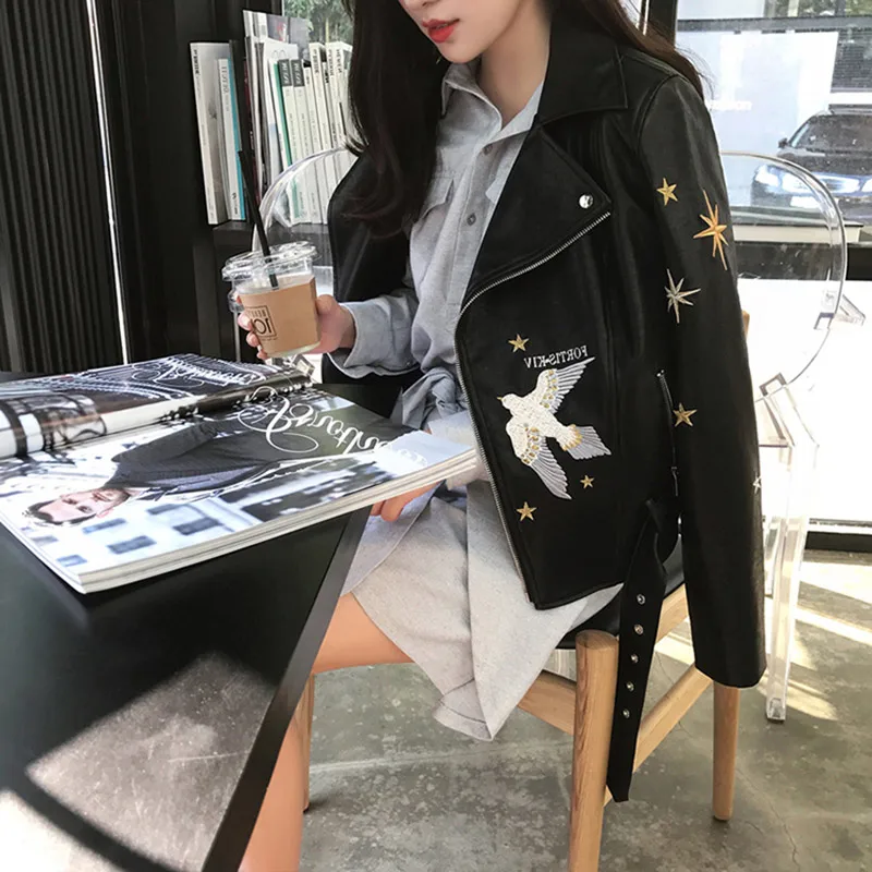 Pu Automne Tendance En Femmes Oiseau Broderie Noir Mince