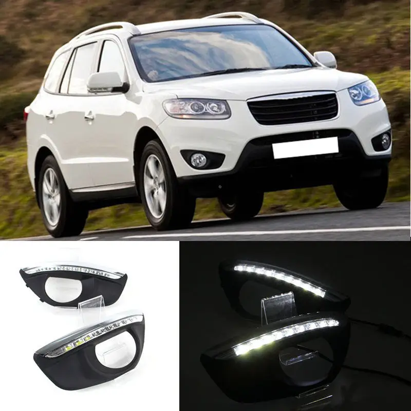 Car LED DRL Daytime Running Lights 12V Dimming style Relay and Waterproof With Fog Lamp Hole For Hyundai Santa Fe 2010 2011 2012 smrke drl for hyundai santa fe dm 2012 2015 car daytime running lights with fog lamp frame two colors light guide car styling
