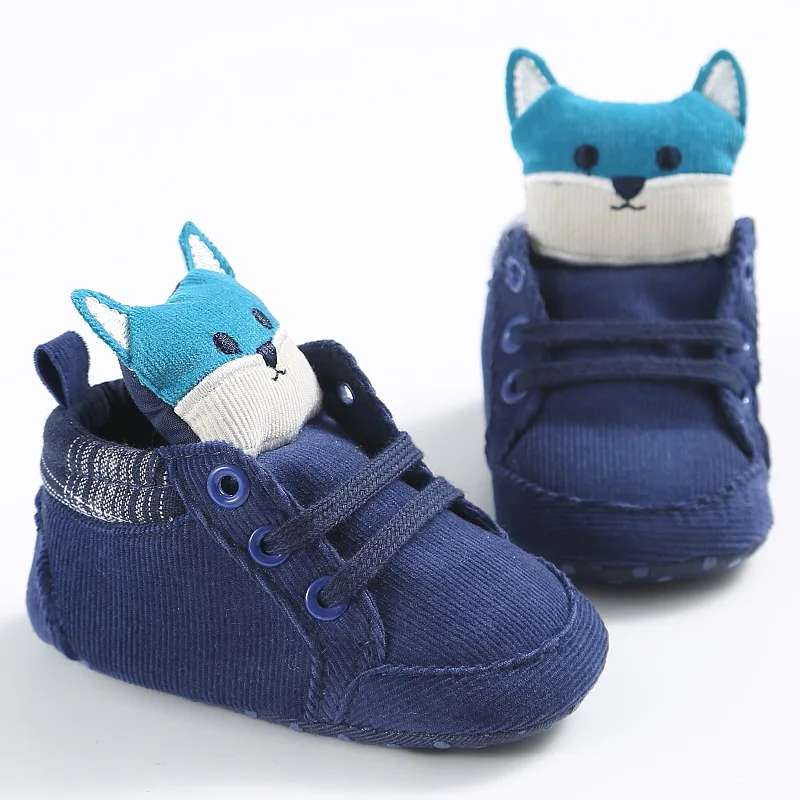 Обувь для малышей; ботиночки на шнуровке с изображением лисы для маленьких мальчиков и девочек; сезон осень; хлопковая ткань для первых шагов; нескользящие кроссовки на мягкой подошве для малышей - Цвет: dark blue fox head