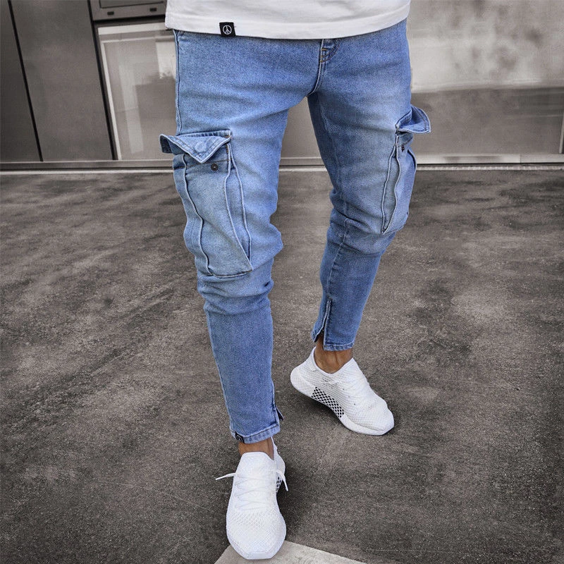 

Men Fashion Hi Street Jeans Pants With Big Pockets Streetwear Stretch Denim Trousers For Man Ankle Zipper Size S-3XL