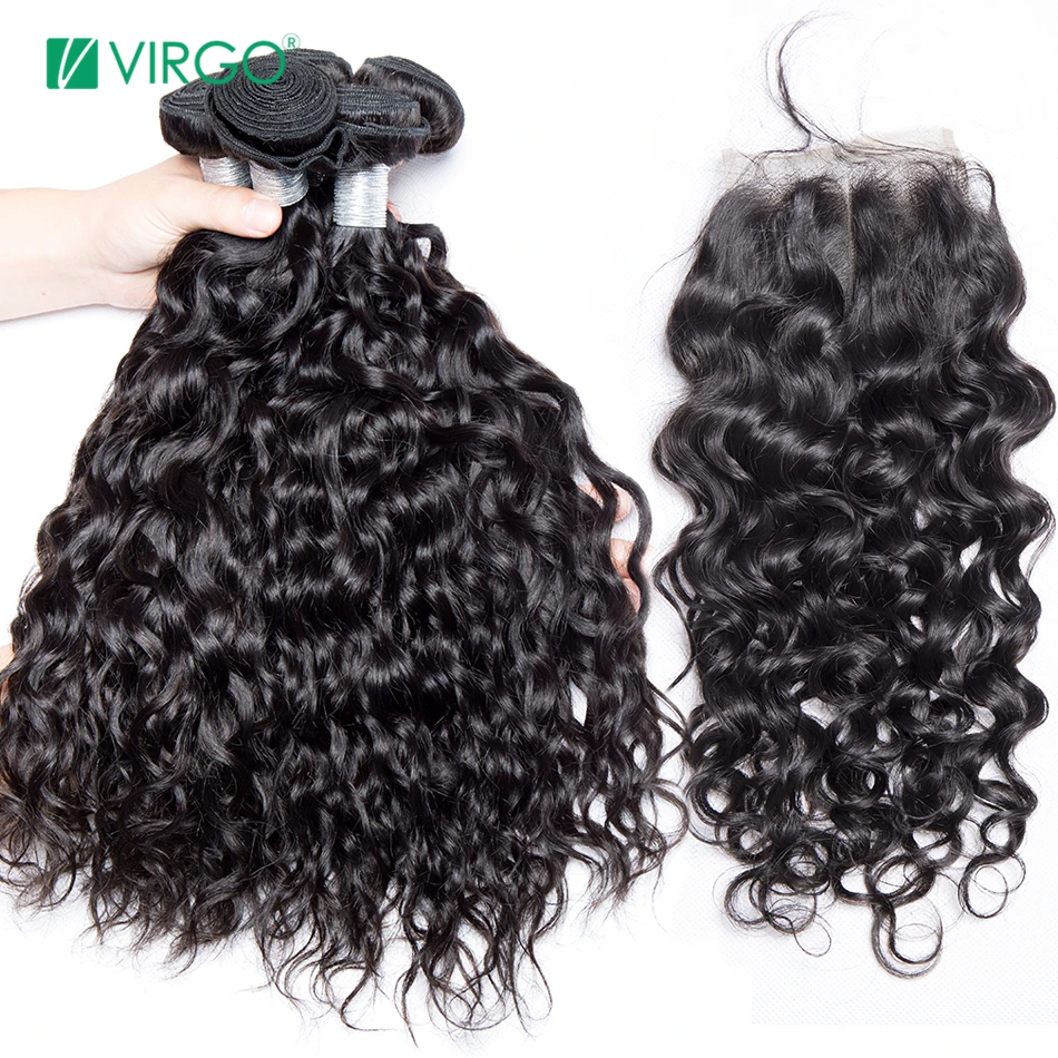 

Malaysian Water Wave 3 Bundles with Closure Human Hair Bundles with Closure Remy Hair Weave 4 Pcs /lot Virgo Hair
