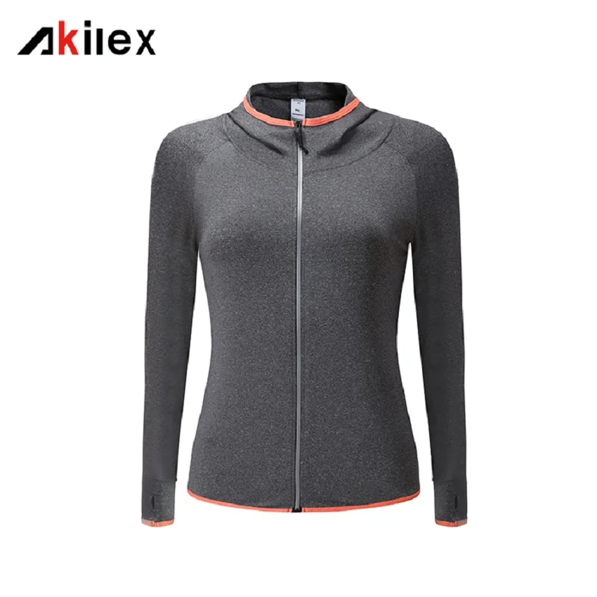 Women Running Zipper Hooded Jackets Sports Long sleeved Coats Fitness