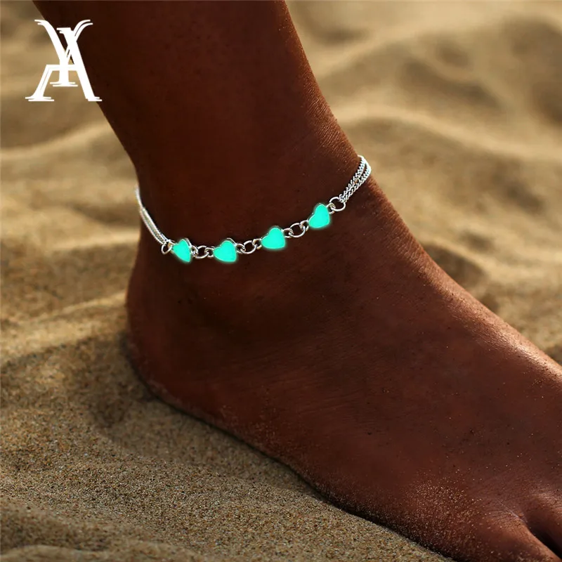 Bohemia Luminous Heart Pendant Anklets For Women Pretty Bracelet on the Leg Lover Anklet Fashion