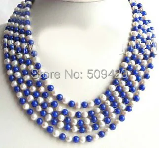 

W&O655 >100" Natural White Pearl Blue Lapis Lazuli Necklace