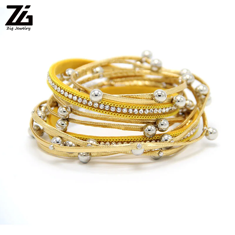 ZG Multilayer Leather Bracelets for Women Femme Crystal Metal Beads Charm Bohemian Style Bracelet Female Jewelry