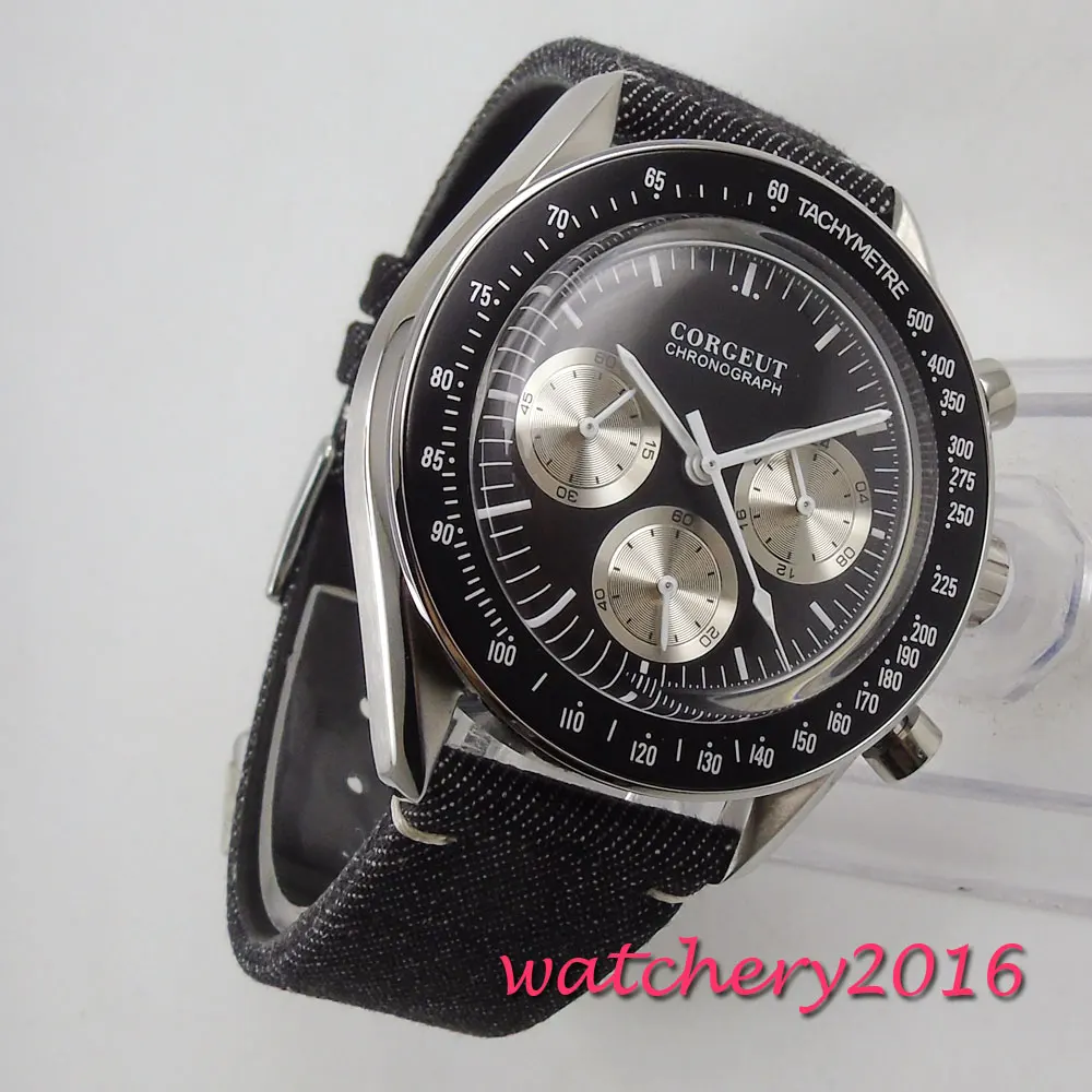 

40mm Corgeut Black Dial Solid Case Chronograp Quartz battery Movement mens Watch