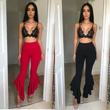 2019 Vintage volantes pantalones de cintura alta de mujeres Hippie Slim gitana pantalones de campana inferior mujer Bengala Palazzo moda Streetwear