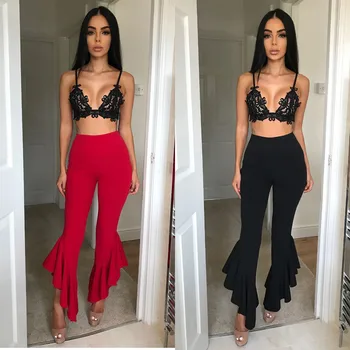 

2019 Vintage Ruffles Trousers Women High Waist Hippie Slim Gypsy Bell Bottom Pants Female Flare Palazzo Fashion Streetwear