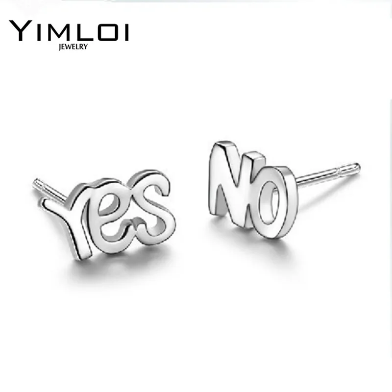 

925 Sterling Sliver Prata Fashion Jewelry 2 Carat Silver Stud YES NO Letter Earrings E254