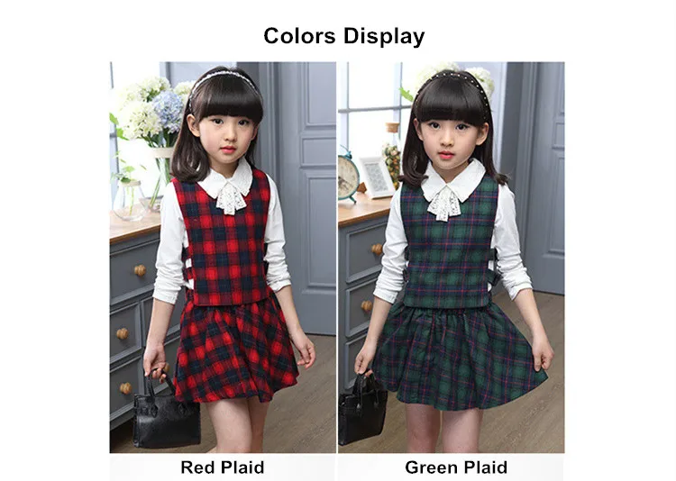 Girls White Shirt Plaid Waistcoat Skirts 3PCS Suit 1